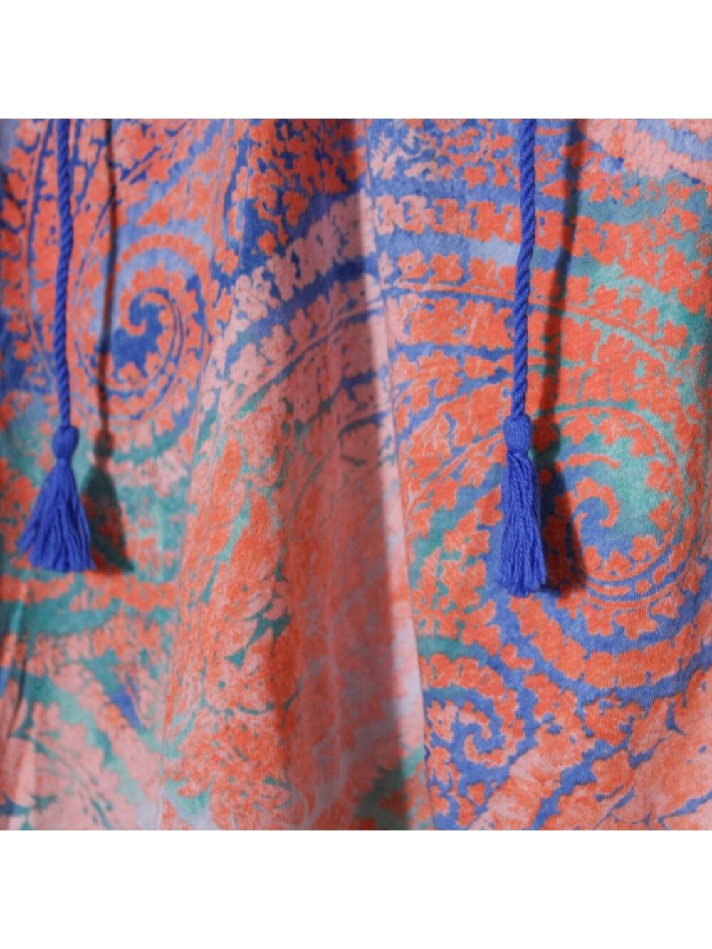 LRL Lauren Jeans Co. Tassel Tie Neck Popover Top Paisley Coral Blue Size L - Picture 4 of 6